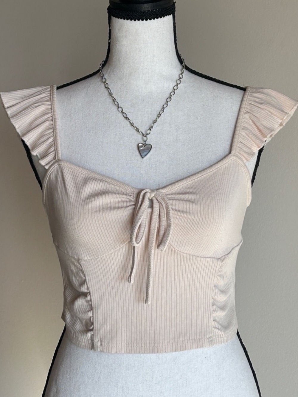 Cream Ribbed Ruffle Strap Crop Top Sweetheart Neckline Small